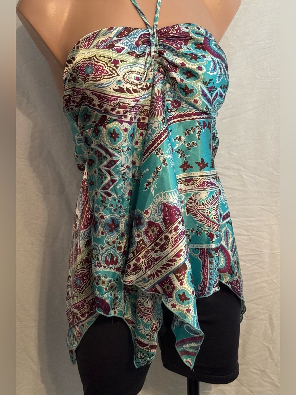 Y2K Ally B Turquoise and Burgundy Paisley Halter Handkerchief Camisole